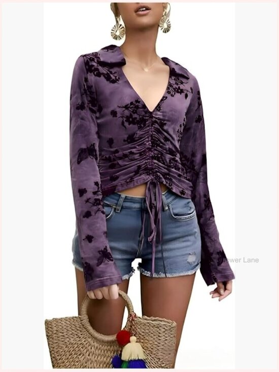 Tops - Boho Printed Crop Top Ruched Long Sleeve V Neck Blouse